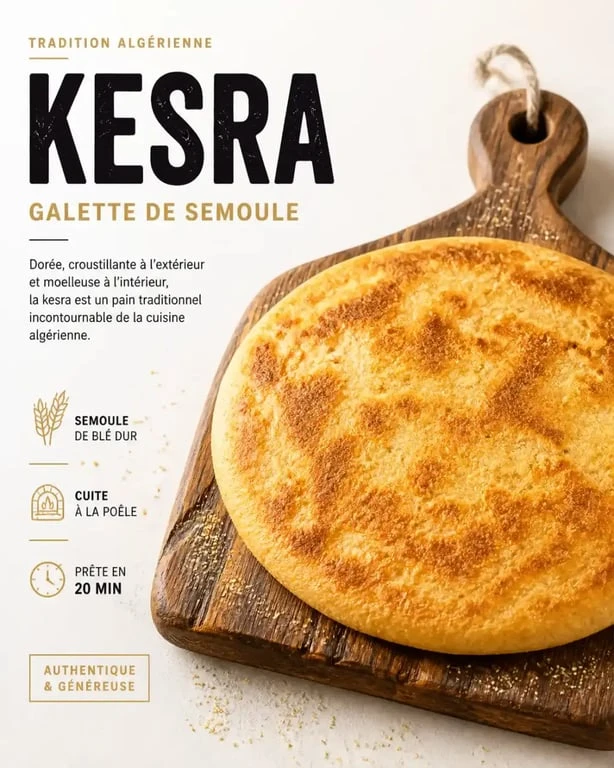 Kesra traditionnelle algérienne, galette de semoule dorée et croustillante