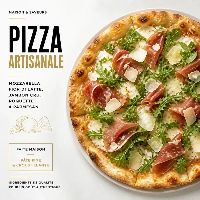 Pizza artisanale Brosses Spéciale faite maison avec jambon cru et roquette