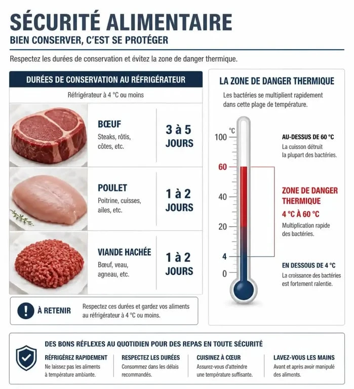 Infographie des durées de conservation de la viande décongelée au réfrigérateur et risques sanitaires