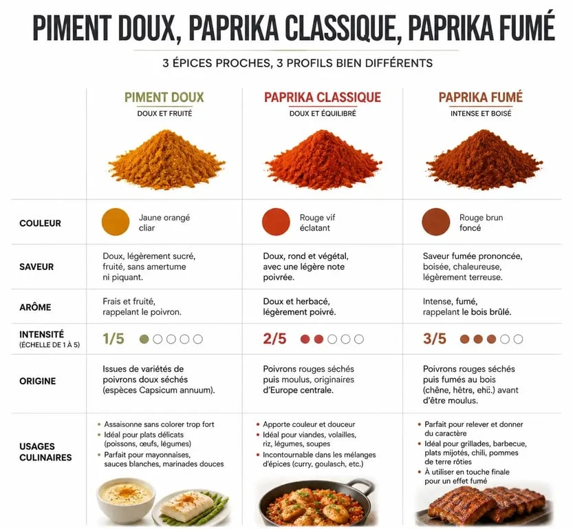 Tableau comparatif illustré des différences entre paprika et piment doux pour la cuisine