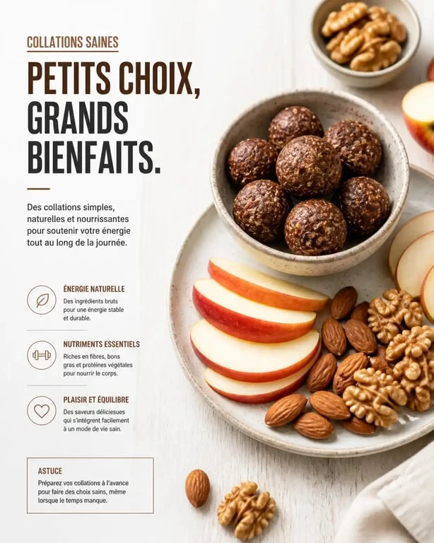 Assiette de goûter healthy composée d'energy balls, de fruits frais et d'oléagineux pour une collation équilibrée.
