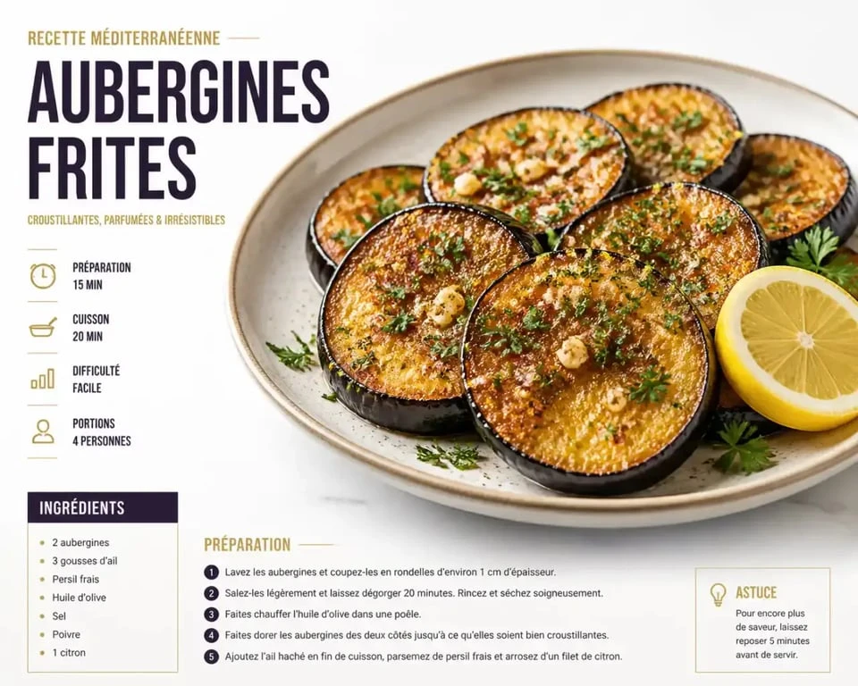 Assiette d'aubergines frites dorées et croustillantes avec persil et citron