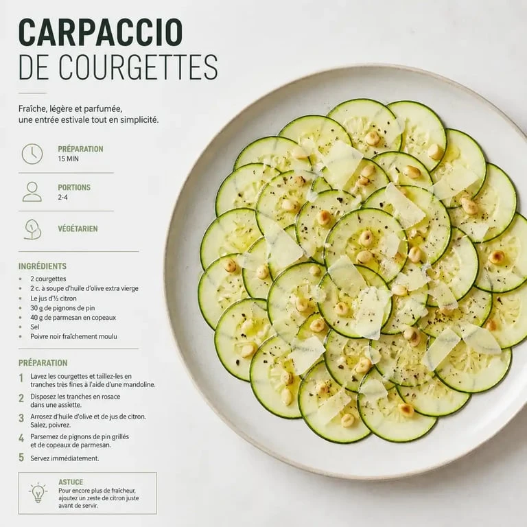 Carpaccio de courgettes au citron et pignons, une entrée légère et fraîche idéale avant un aïoli