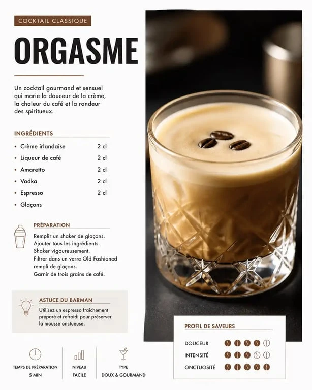 Cocktail Orgasme classique servi dans un verre Old Fashioned avec grains de café