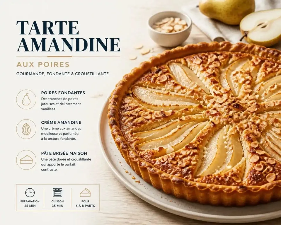 Tarte amandine aux poires réalisée avec une pâte brisée sucrée maison, servie sur une assiette.