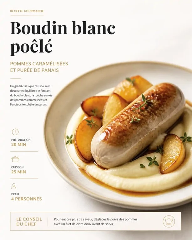 Accompagnement boudin blanc avec pommes caramélisées et purée de panais