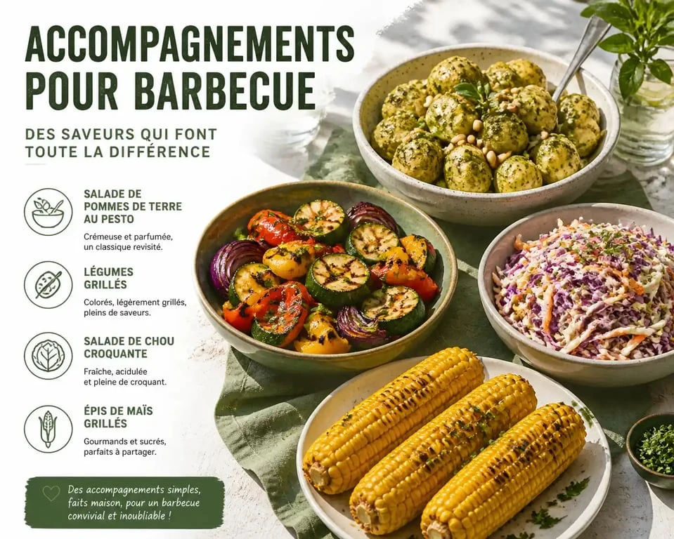 Assortiment d'accompagnements pour un barbecue réussi : salades, légumes grillés et pommes de terre