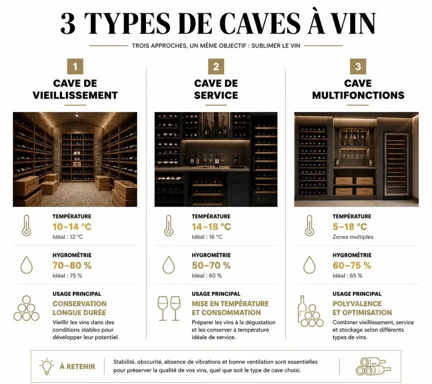 Infographie comparative pour choisir sa cave à vin : vieillissement, service ou multifonctions
