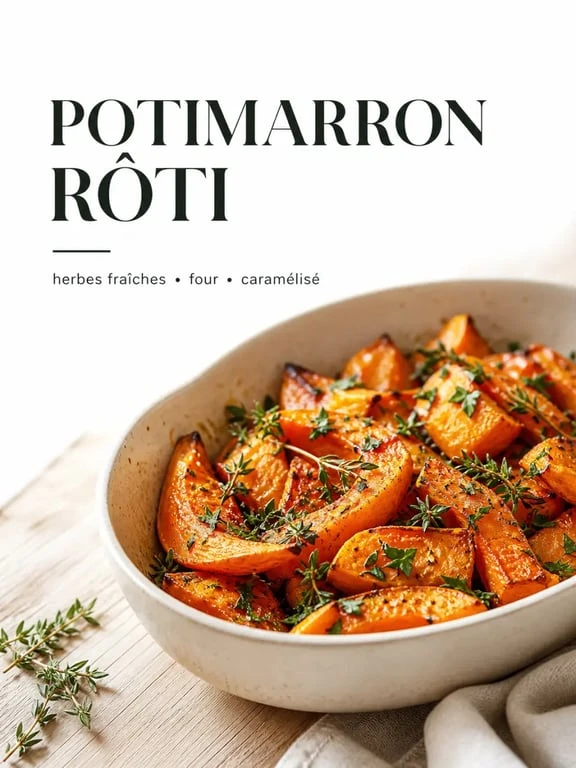 Potimarron rôti au four avec herbes aromatiques, prêt à être servi