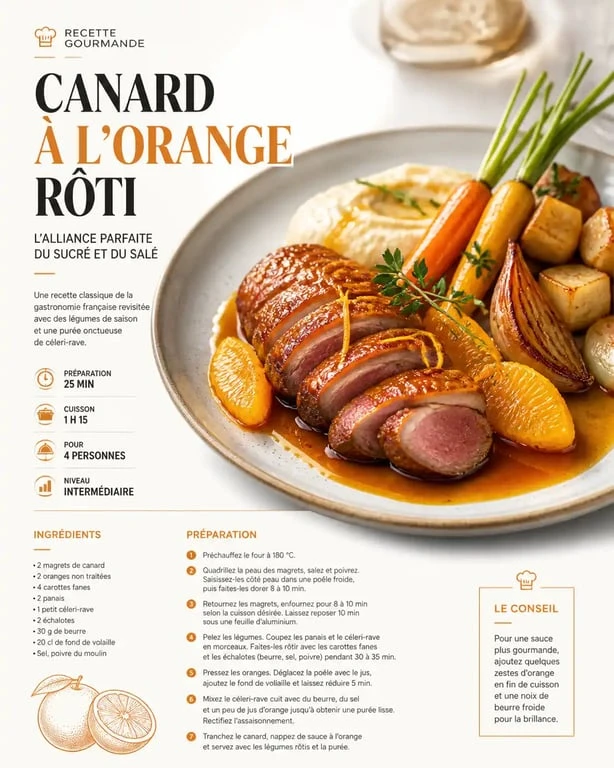 Canard à l'orange rôti et ses accompagnements de légumes racines sur une assiette élégante