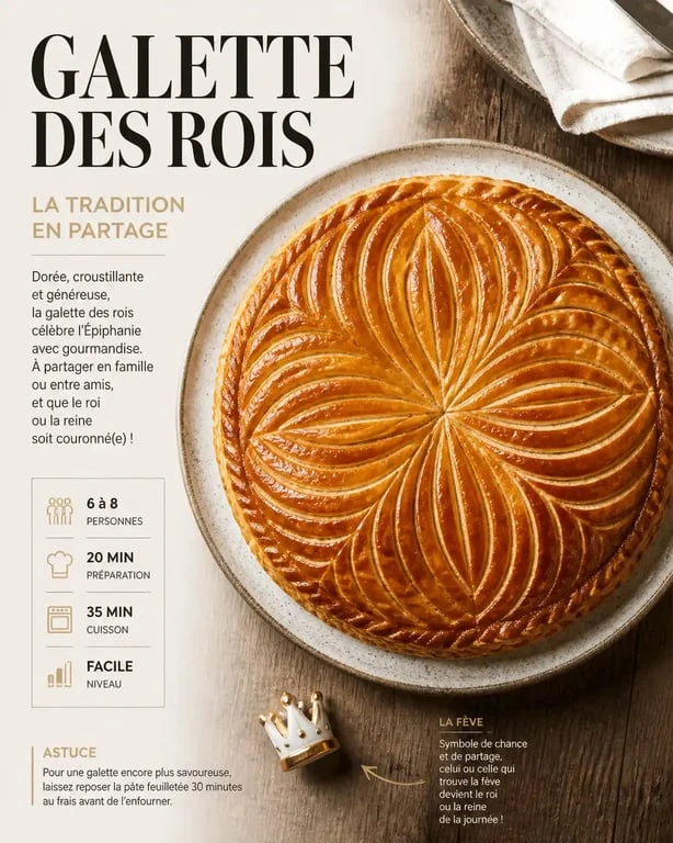 Recette pour la galette des rois maison, dorée et croustillante, prête à être dégustée.