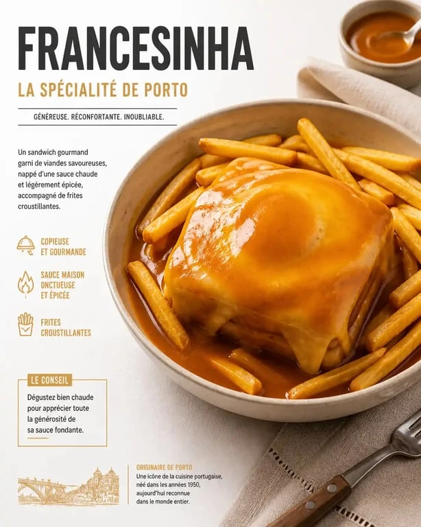 Francesinha portugaise, le croque-monsieur portugais traditionnel servi avec sa sauce typique et des frites.