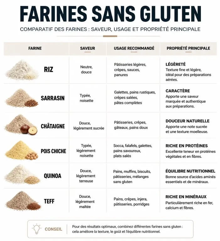 Infographie comparative des différentes farines sans gluten et leurs usages culinaires