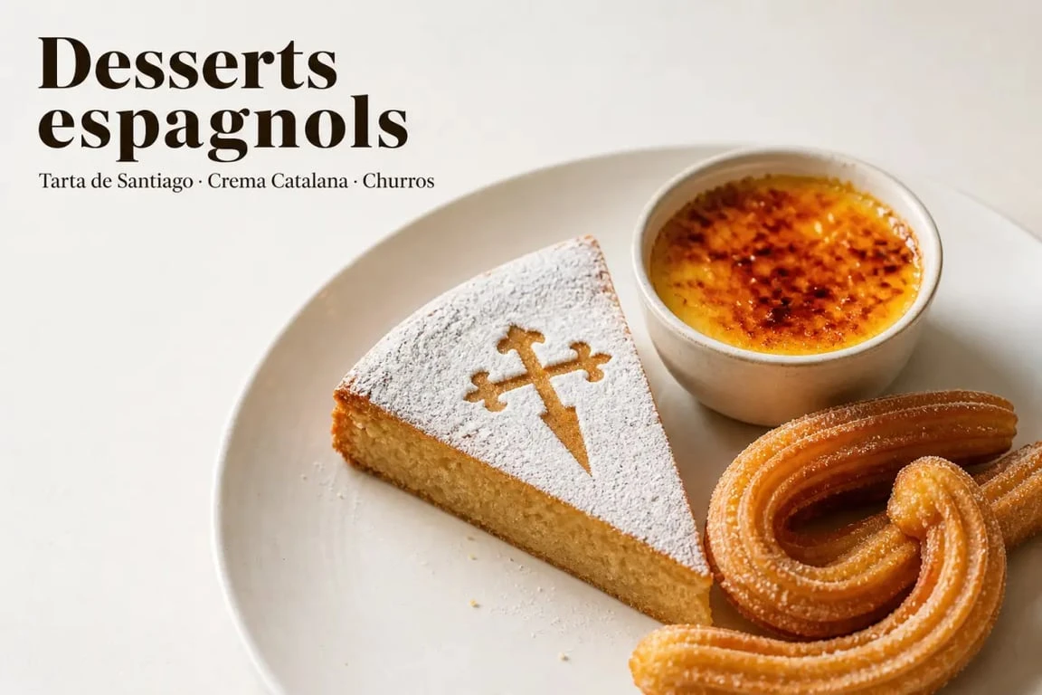 Sélection de desserts espagnols traditionnels incluant Tarta de Santiago et Crema Catalana