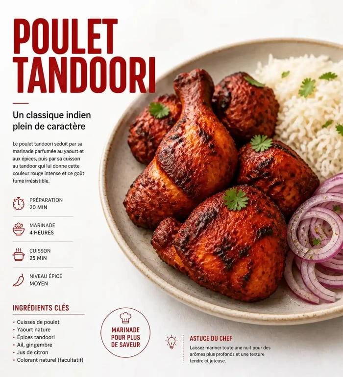 Poulet tandoori maison avec ses épices tandoori, servi avec du riz basmati