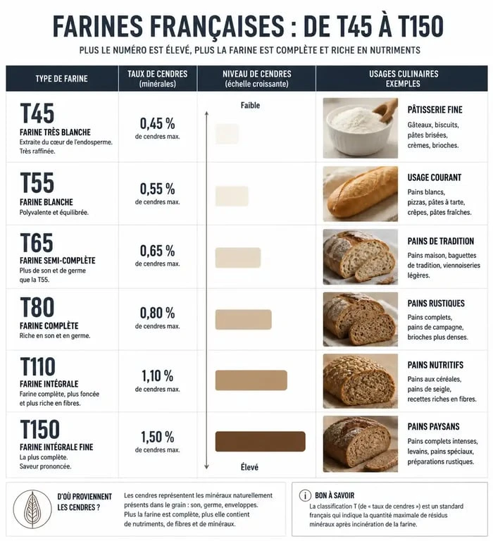 Tableau comparatif des types de farine et leurs utilisations : farine T65, T55, T45