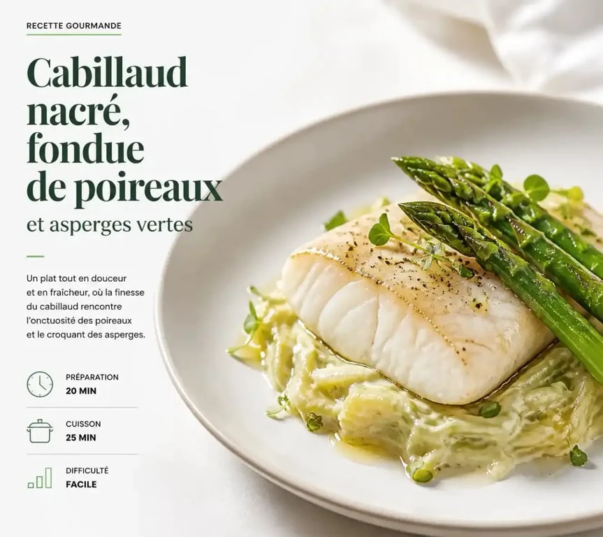 Dos de cabillaud accompagné de fondue de poireaux et asperges vertes, une idée d'accompagnement pour cabillaud raffinée.
