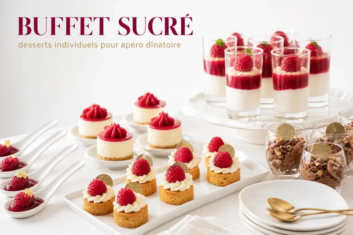 Assortiment de desserts pour un apéro dînatoire présentés sur un buffet élégant