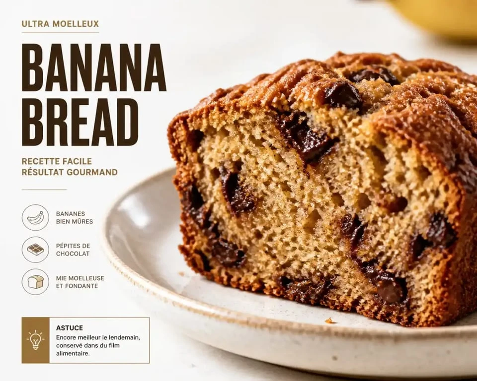 Tranche de banana bread ultra moelleux avec pépites de chocolat