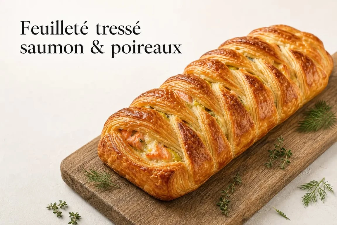 Feuilleté tressé au saumon et poireaux, une recette de feuilleté salé croustillant et fondant.