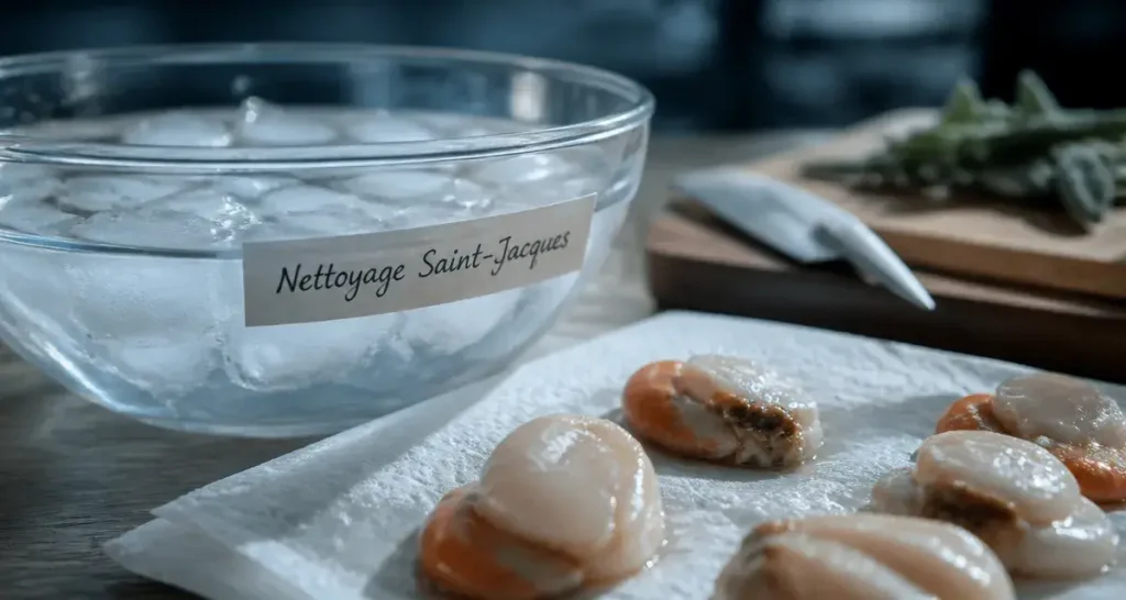 Faut il laver les noix de saint jacques fraiches : noix dans eau glacée, papier absorbant