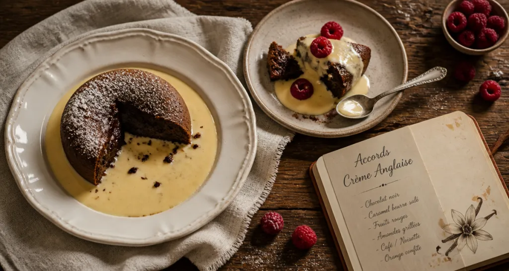 Gâteau pour accompagner une crème anglaise avec fondant chocolat et framboises