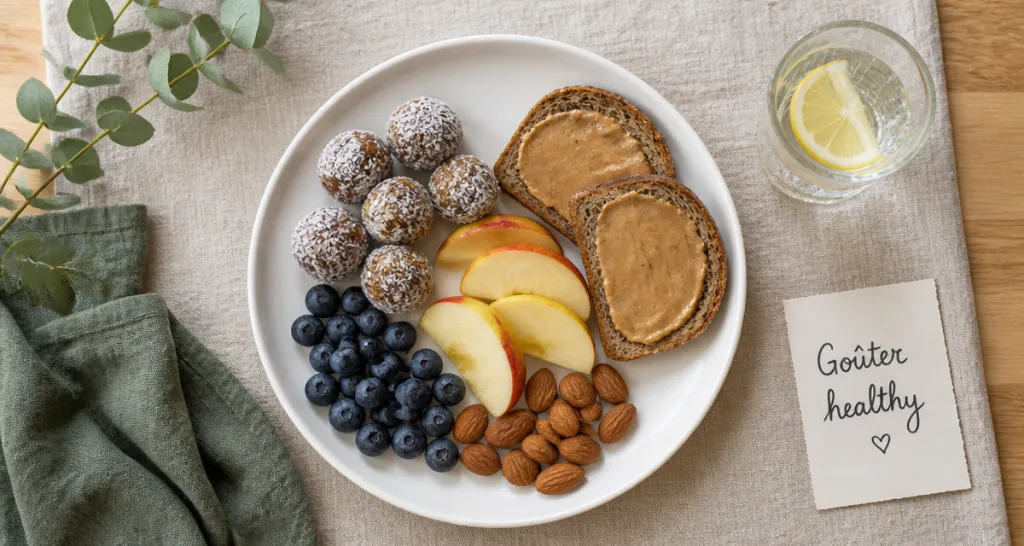 Assiette de gouter healthy avec fruits, energy balls et tartines