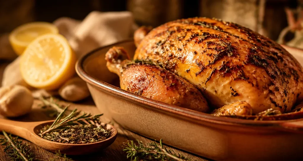 Herbes de provence (thym, romarin) sur poulet rôti