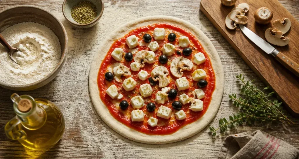 Ingredient pizza maison, pâte non détrempée, topping mozzarella tomates champignons olives