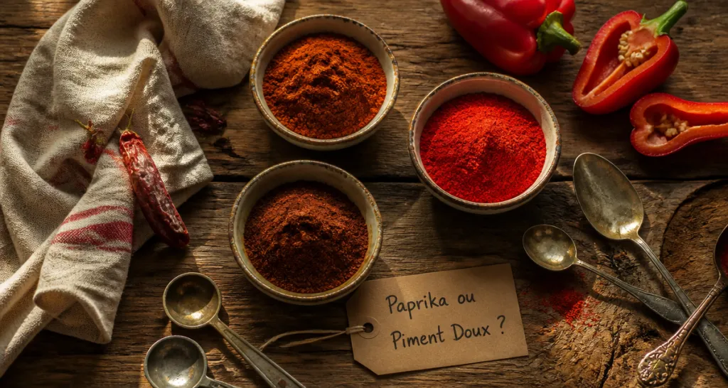 Paprika ou piment doux en bols, comparaison visuelle