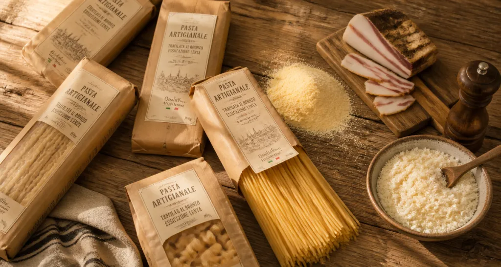 Pates italiennes marques sur table rustique avec ingrédients