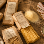 Pates italiennes marques sur table rustique avec ingrédients