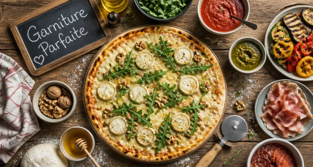 Pizza garniture chèvre noix roquette maison