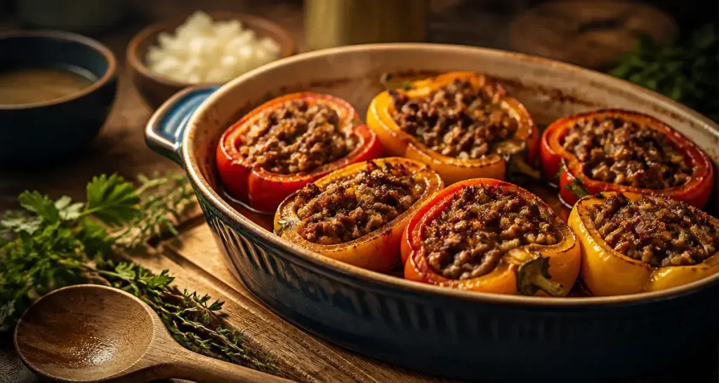Poivrons farcis au four viande hachee, farce fondante au bouillon