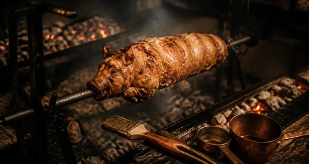 Porcelet a la broche doré, peau croustillante