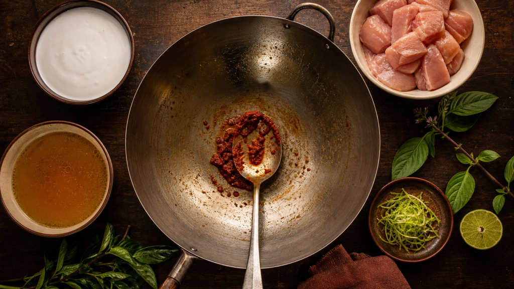 Recette avec pate de curry : poulet coco, ingrédients et dose au lait de coco
