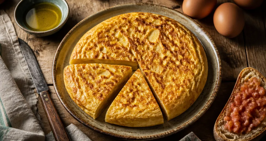 recette en espagnol tortilla de patatas dorée sur assiette rustique