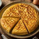 recette en espagnol tortilla de patatas dorée sur assiette rustique