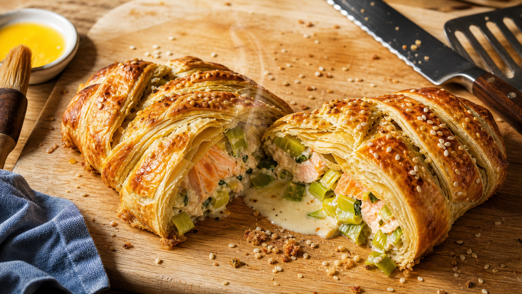 Recette feuilleté salé saumon poireaux tressé croustillant