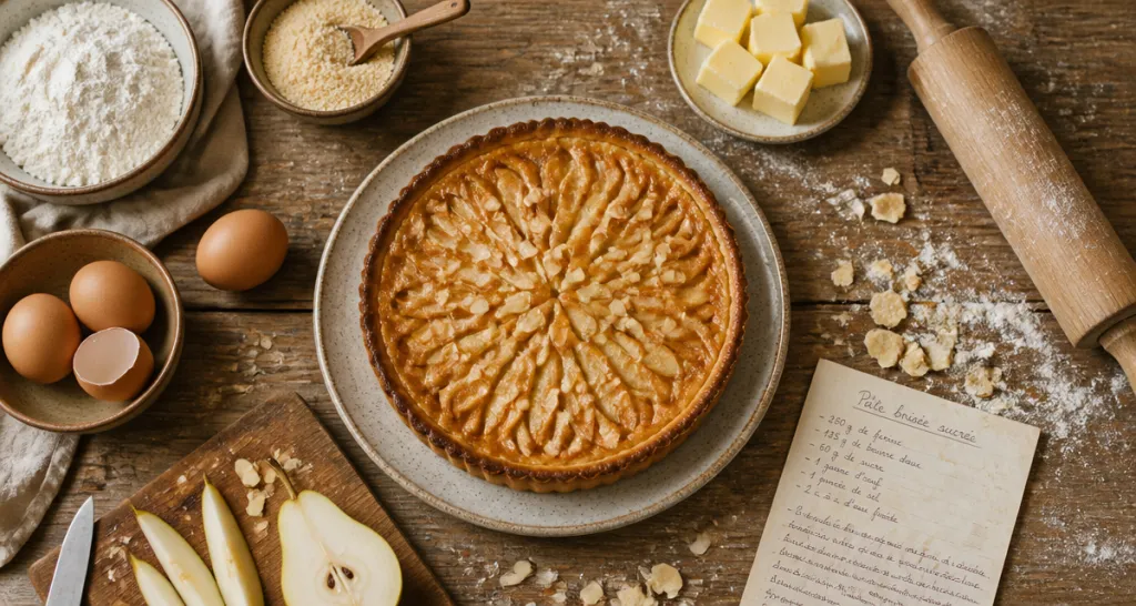 Recette sucrée avec pâte brisée, tarte amandine poires sur plan de travail