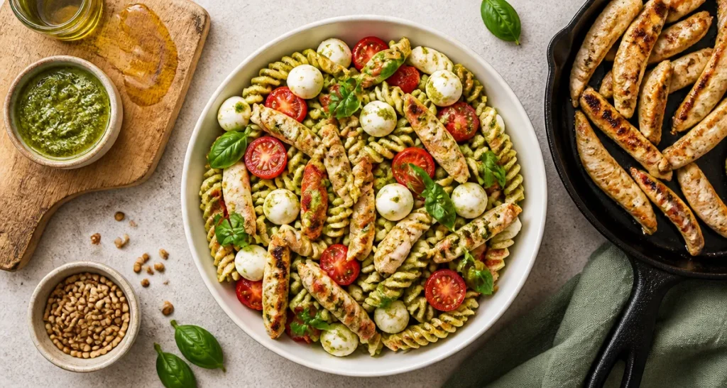 Salades de pates au poulet, salade de pâtes au poulet au pesto, tomates cerise et mozzarella