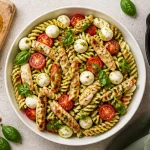 Salades de pates au poulet, salade de pâtes au poulet au pesto, tomates cerise et mozzarella
