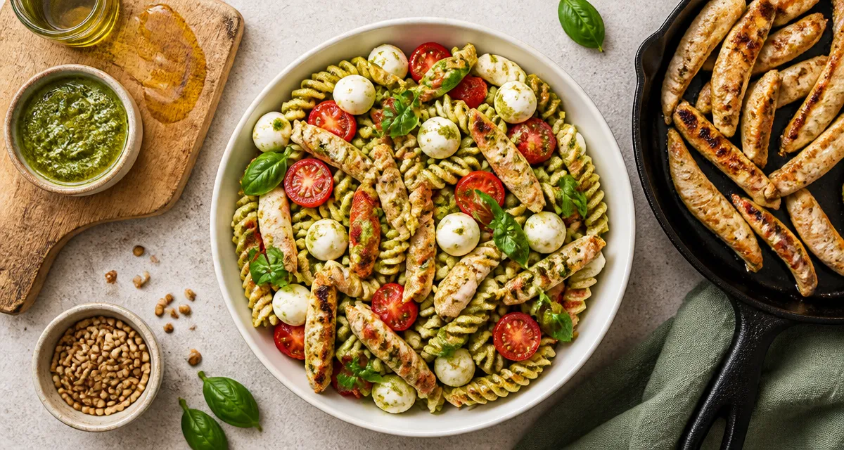 Salades de pates au poulet, salade de pâtes au poulet au pesto, tomates cerise et mozzarella