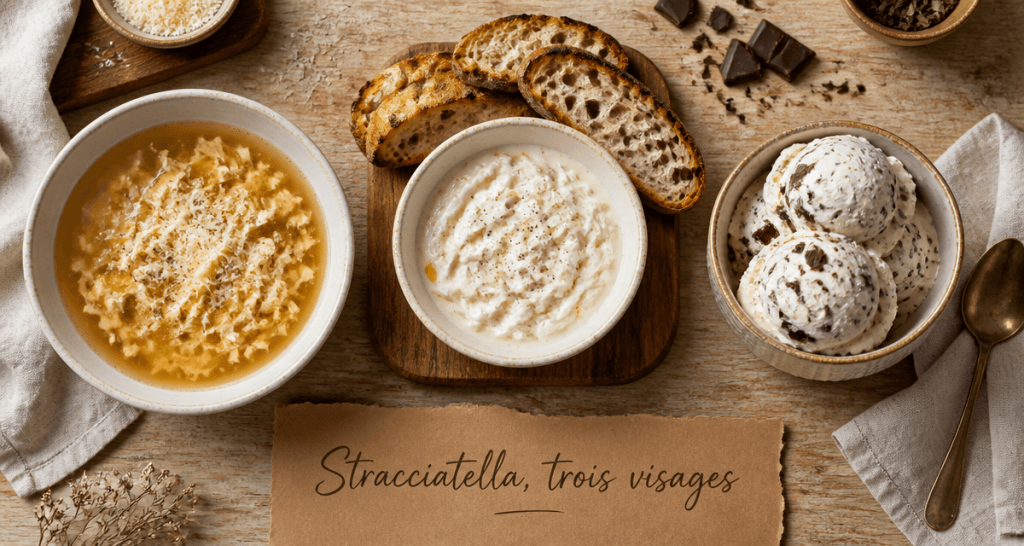 stratiatella soupe fromage glace sur table rustique