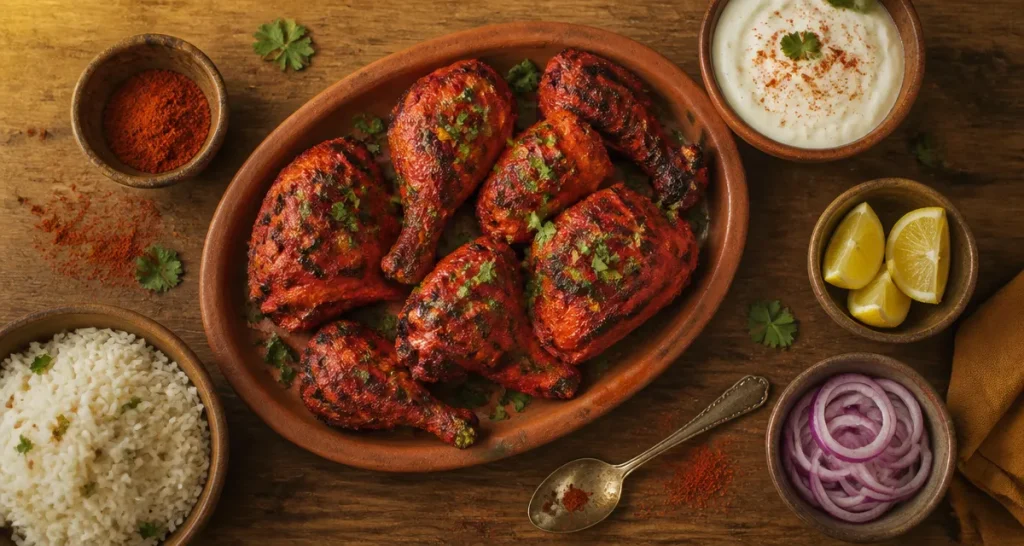 Poulet tandoori epices sur table avec accompagnements