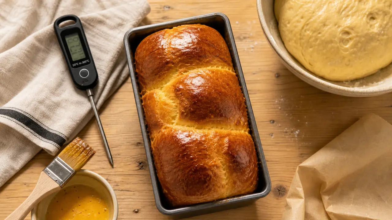 Brioche cuisson dorée à 170-180°C, moule et dorure