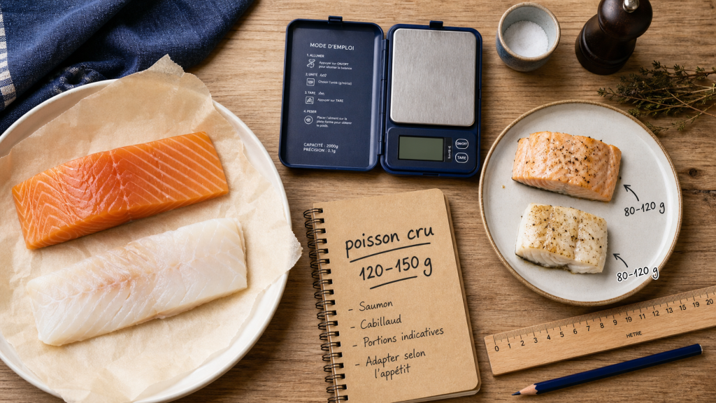 Combien de gramme de poisson par personne : portion 120–150 g poisson cru
