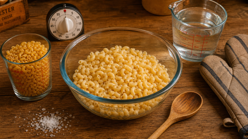 Comment cuire des pates au micro ondes : bol Pyrex, pâtes, eau salée