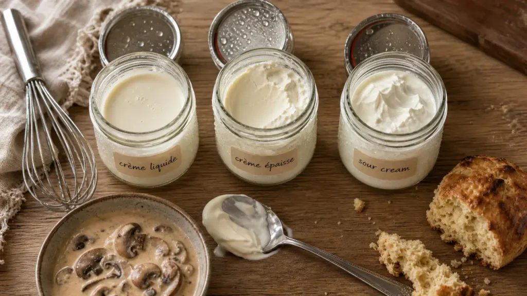 Cream creme fraiche : pots de crème liquide et crème épaisse