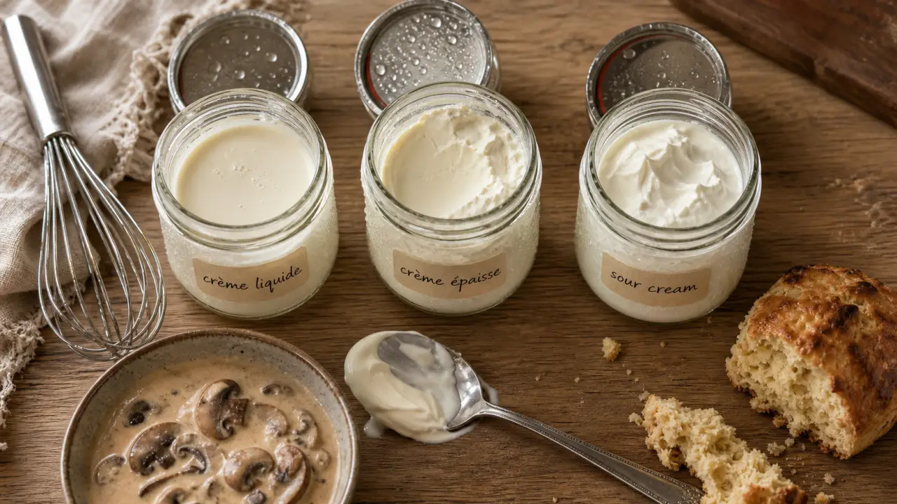 Cream creme fraiche : pots de crème liquide et crème épaisse